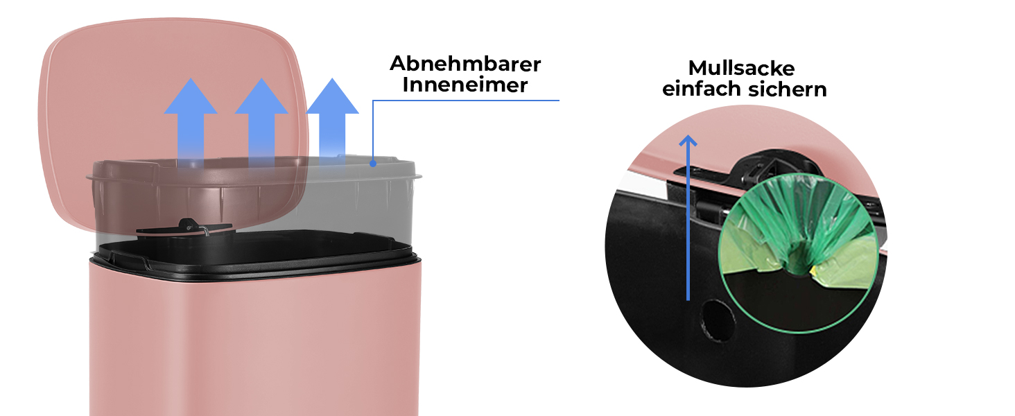 Відро для сміття LIFERUN 30л з кришкою, м'яким закриттям, з внутрішнім відром, сталеве, для кухні, ванної кімнати, офісу, рожеве