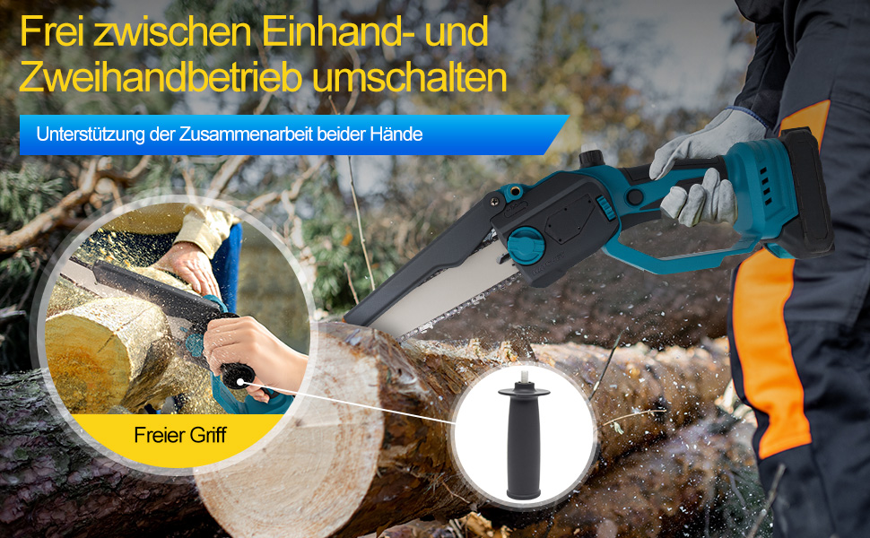 Акумуляторна міні-пила 6 дюймів (20 см) з безщітковим мотором, комплект з 2 ланцюгами 6 дюймів, 2 ланцюгами 8 дюймів, 2 направляючими плитами, 2 батареями високої ємності, для обрізки дерев та різання деревини, блакитна