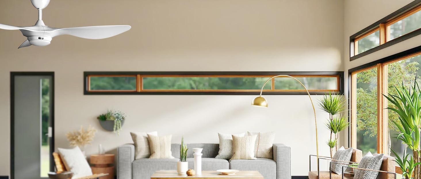 Стеляний вентилятор Reiga з підсвічуванням та пультом керування, 132 см, тихий реверсивний мотор, 6 швидкостей, таймер, регулювання яскравості та 3 колірні температури, світло-коричневі лопаті