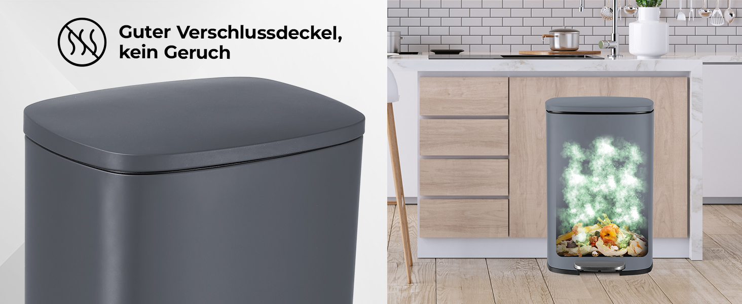 Відро для сміття LIFERUN 30л з кришкою, з м'яким закриттям, сталеве, з внутрішнім відром, для кухні, ванної кімнати, офісу (L-50L, сірий)