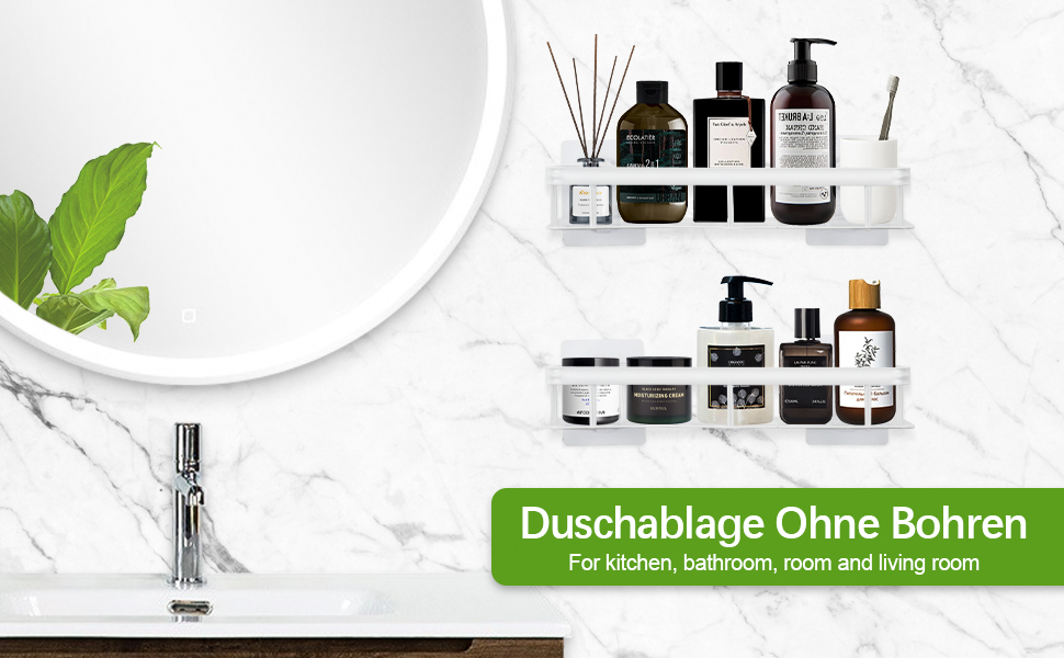 Дзеркальна поличка для душу без свердління, 2 шт. Біла, з нержавіючої сталі, з 4 гачками та 8 клейких поверхонь. Підходить для ванної кімнати та кухні.