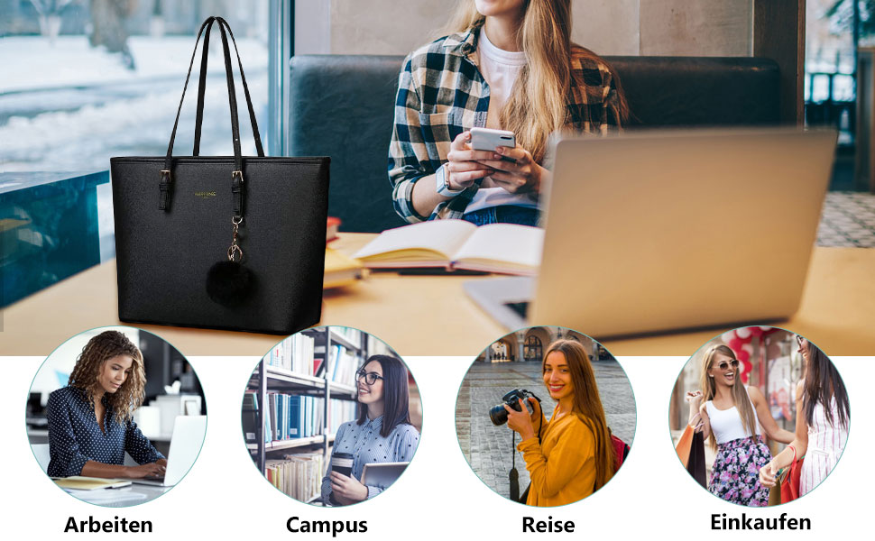 Сумка жіноча URAQT чорна шкіряна, шопер для офісу, школи, покупок з помпоном з хутра кролика та брелоком