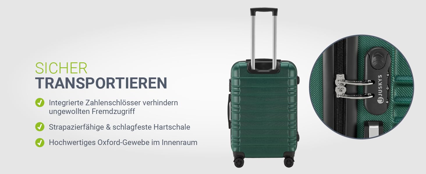 Набір валіз Juskys® Hartschale 4 шт. з кодовим замком, тихі колеса 360°, телескопічна ручка, легкий, зелений (3 шт.)