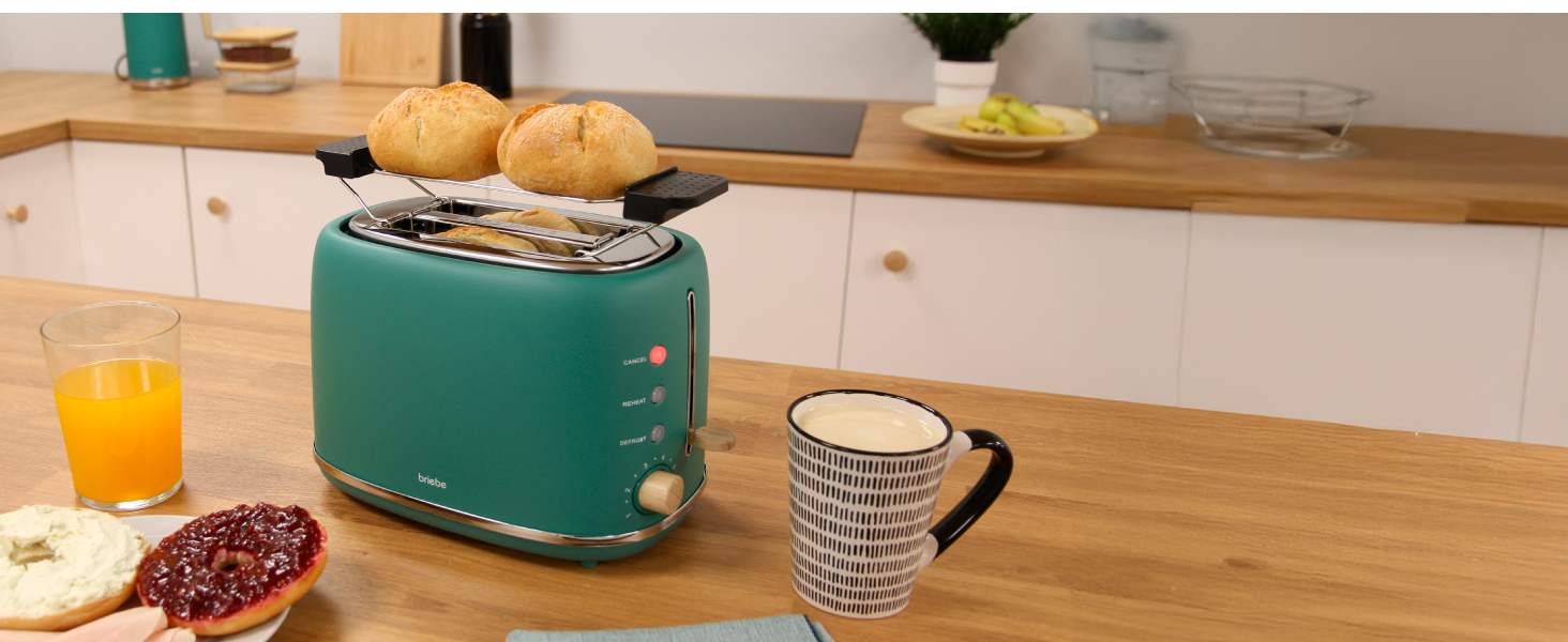 Тостер Nordic з широким слотом, 2-х місний, 6 рівнів підсмажування, функція підігріву та розморожування, зйомний піддон для крихт, північний дизайн, 870 Вт, зелений