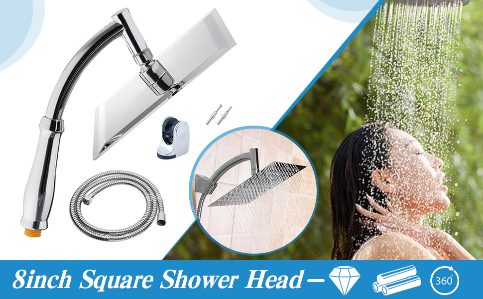POHOVE Shower Head with Hose, Spray Patterns Shower Sprayer with Hose 1.5m, 360 Degree Adjustable Large Shower Head Handheld Shower, Rain Shower Head, Universal Shower Sprayer for Bathing and Spa (Size: 8inch)