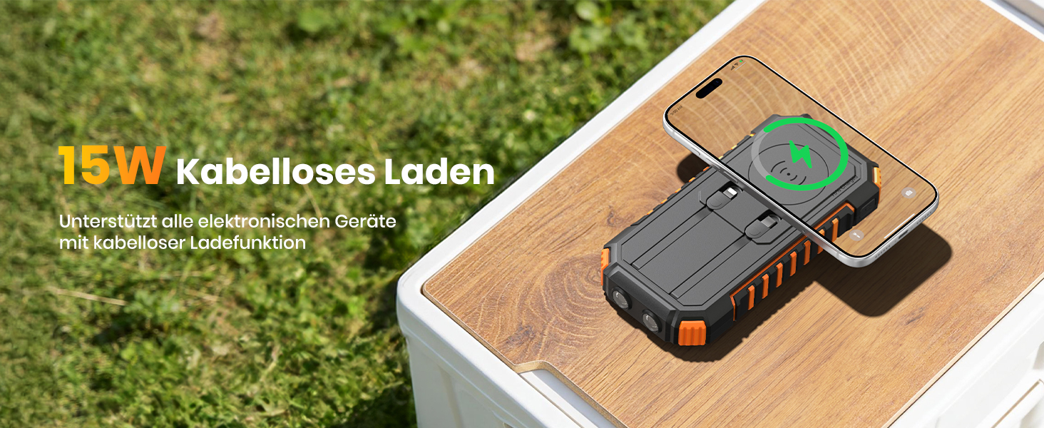 Power Bank Fandealo 27000mAh з сонячною панеллю – 22,5W, PD, QC 3.0, USB-C, 2 кабелі, 2 ліхтарики, для смартфонів, планшетів, кемпінгу