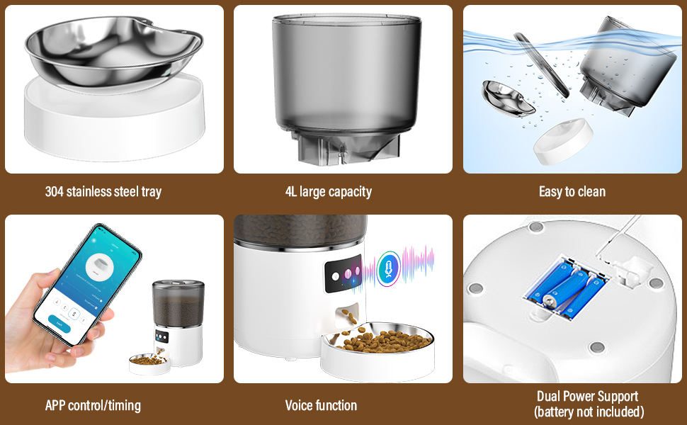 Автоматичний годівниця для котів та собак, 4л, з мискою з нержавіючої сталі, програмування до 10 прийомів їжі на день