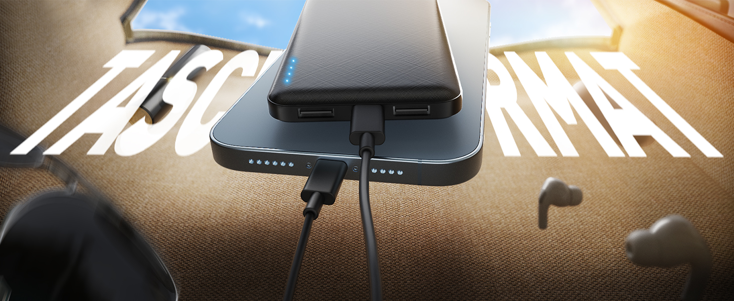 Портативний зарядний акумулятор Power Bank 10000mAh, ультратонкий, з USB-C, 2 USB виходи, сумісний з iPhone, iPad, Samsung, AirPods