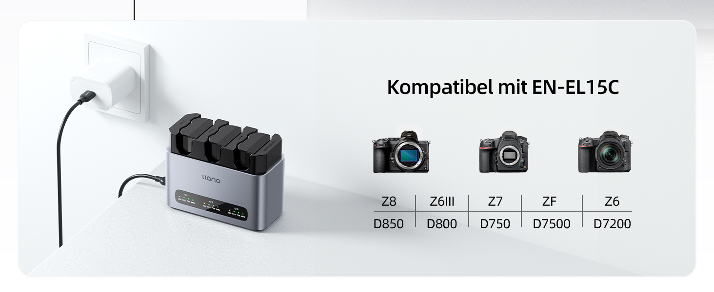 Набір з 3 акумуляторів llano EN-EL15C та швидкий зарядний пристрій 30W для Nikon Z8, Z7II, Z5II, ZF, Z6III, D850, Z7, Z6II, Z6, D7500, D750, D7200, алюмінієвий корпус, LED-індикація