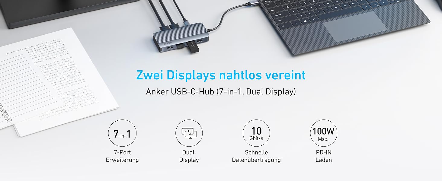 Хаб USB-C Anker 7-в-1: Док-станція з двома HDMI, 100W живлення, 10Gbit/s, USB для MacBook, Dell, iPad