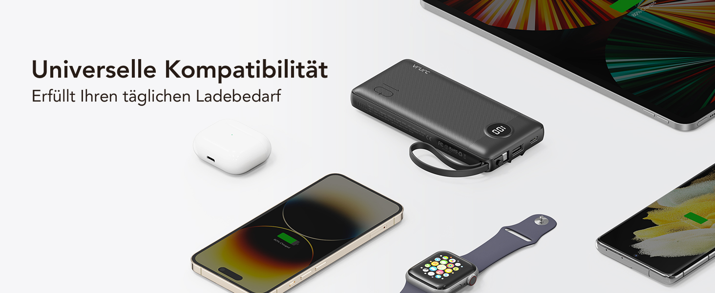 Power Bank VRURC 10000mAh з 4 кабелями, портативний акумулятор USB-C для iPhone/Huawei/Samsung, LED-дисплей, 5 виходів, чорний