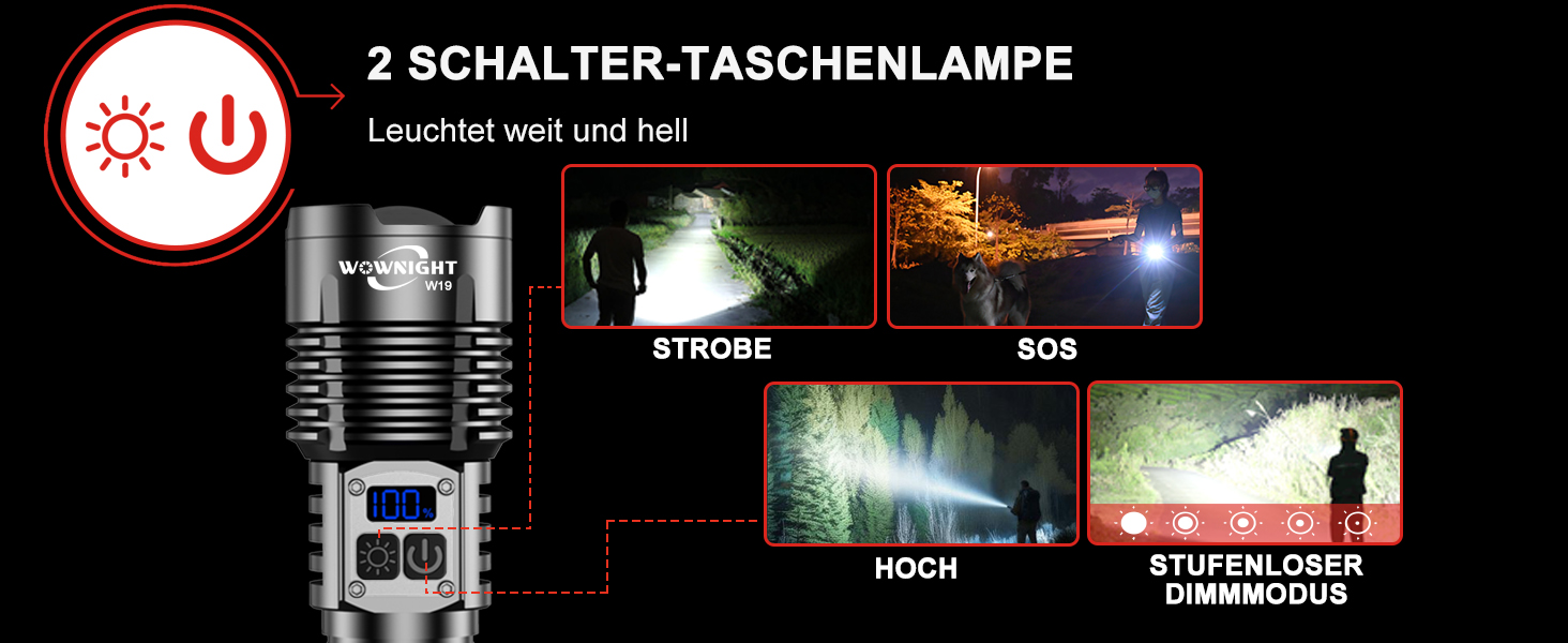 LED ліхтарик на акумуляторі 500000 люмен, 2 режими, USB-C, тактичний, потужний, регулювання яскравості, налобний, для активного відпочинку та надзвичайних ситуацій, Obsidianschwarz