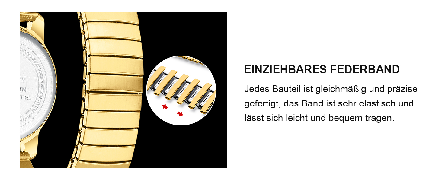 Жіночий годинник LN LENQIN: Водонепроникні годинники для жінок з нержавіючої сталі, кварцовий механізм, регульований ремінець (Золотий/Чорний)