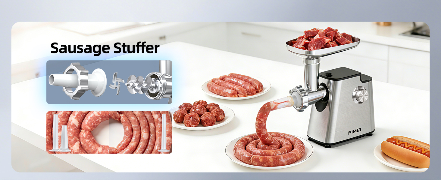 М'ясорубка електрична FIMEI 4-в-1 з насадками для ковбас та печива, нержавіюча сталь
