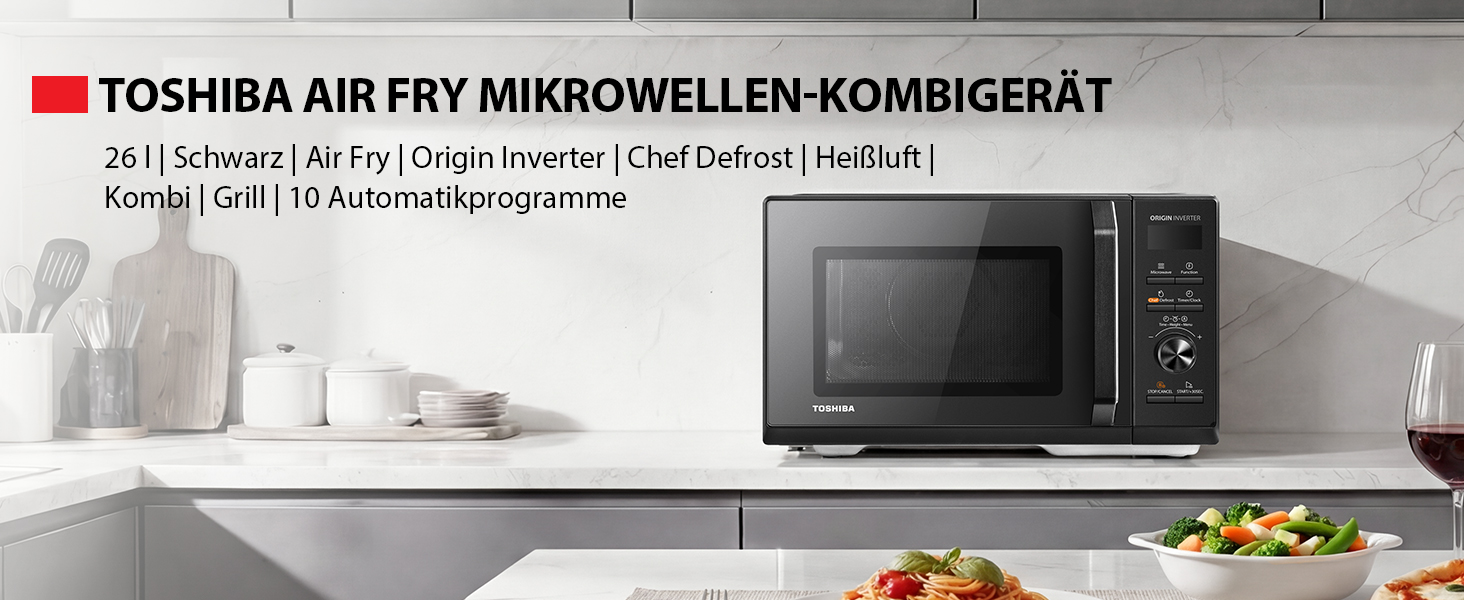 Мікрохвильова піч з грилем та конвекцією Toshiba MW3-AC26SFI(BK), 26 л, 1000 Вт, інверторна, функція аерофритюрниці, чорна