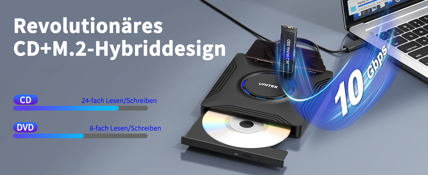 Зовнішній CD/DVD привід UNITEK USB-C, портативний DVD-плеєр з картридером SD, USB 3.0 Hub та CD-ROM записником для ноутбуків, ПК, Windows, Linux, macOS (чорний)