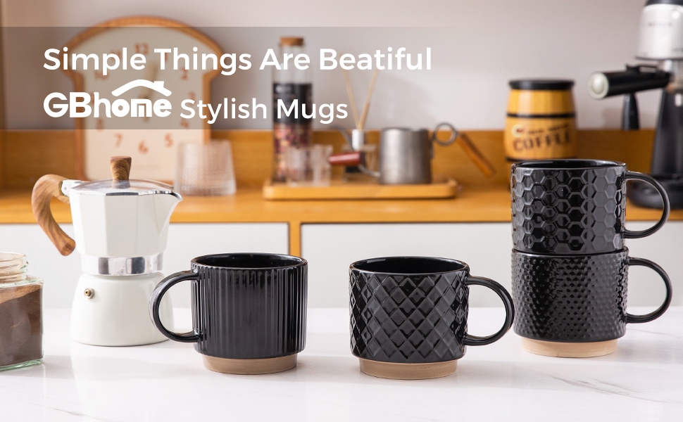 Набір керамічних чашок GBhome 4 шт. 350 мл з текстурою | Для лате/капучино | Можна мити в посудомийній машині та використовувати в мікрохвильовці | Чорний колір