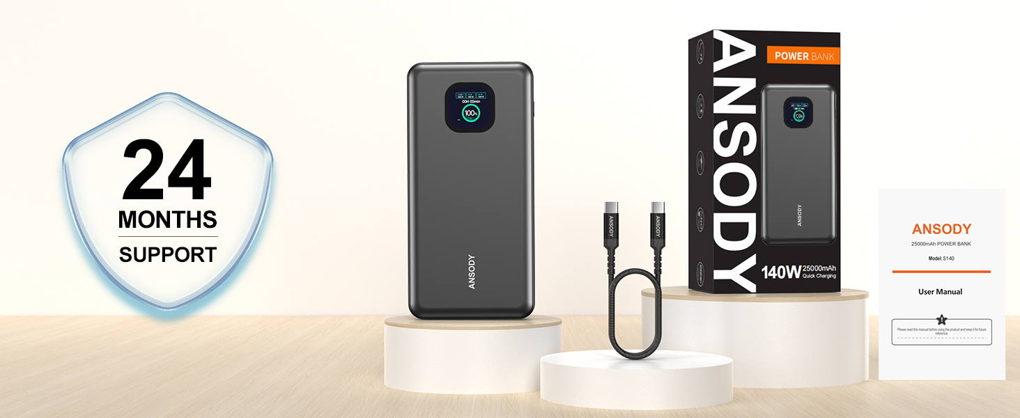 Power Bank 140W, 25000mAh з дисплеєм для ноутбука, MacBook, iPad, iPhone, Switch, Dell XPS (Сірий)