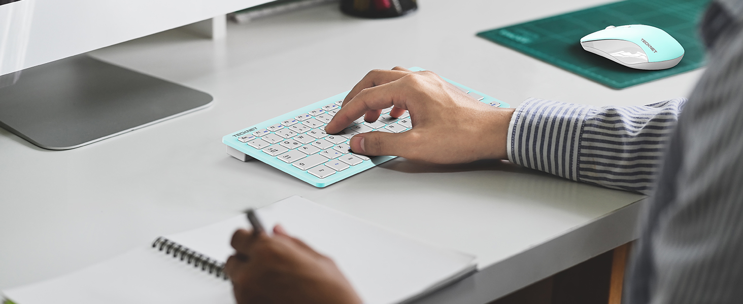 Бездротова клавіатура та миша TECKNET QWERTZ, 2.4 GHz, 15м, тиха, для ПК, ноутбука, Smart TV, білий (зелений)