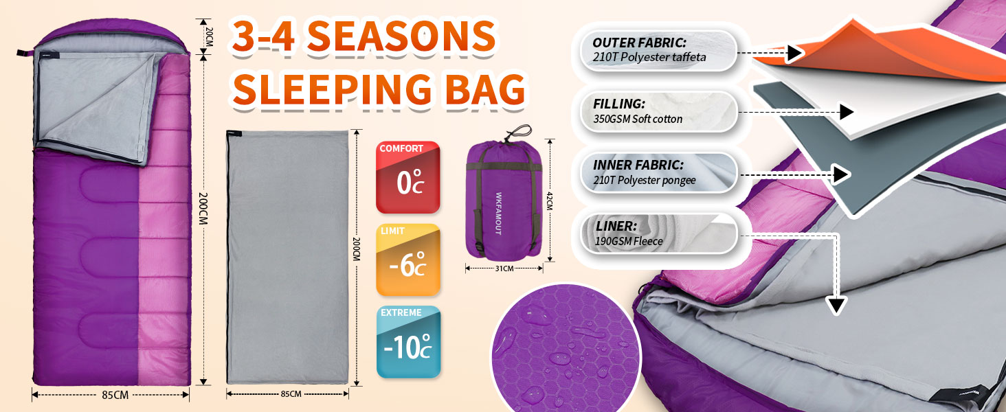 Спальний мішок Outdoor для дорослих, зимовий, машинного прання, водонепроникний, 3-4 сезони, з компресійним мішком, для кемпінгу, піших прогулянок, подорожей, 0℃-Комфорт, ліловий, 220x85CM