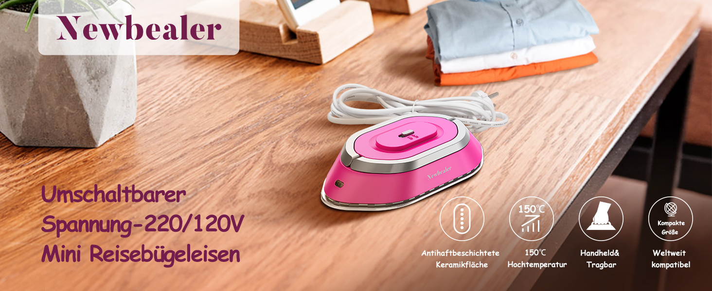 Міні-праска Newbealer для подорожей, 220V/120V, для одягу (без пари), керамічна підошва, 150°C, з пульверизатором, сумкою та підставкою, колір рожевий