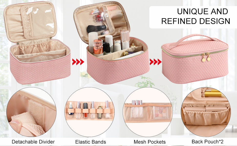 Жіноча косметичка для подорожей, водонепроникна, з відділенням для пензлів, з PU шкіри, велика, органайзер, сумка для макіяжу (Хвилястий зелений) (Світло-рожевий)
