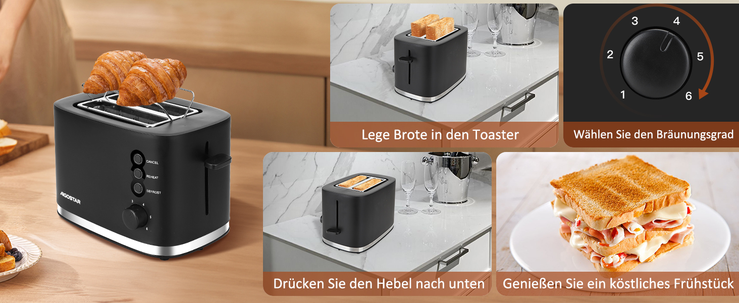 Тостер Aigostar Energy з 2 слотами для тостів, підставка для булочок, 6 рівнів підсмажування, функції відключення, розморожування та підігріву, знімний піддон для крихт, 800W, чорний