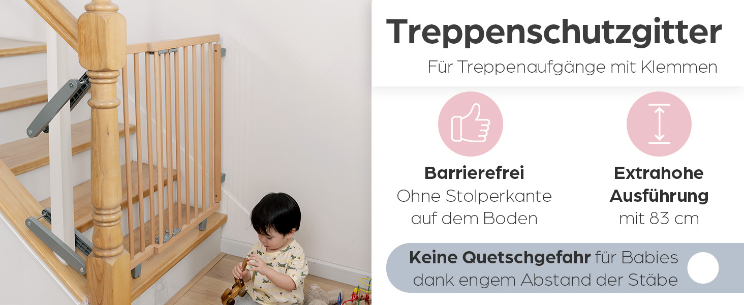 Захист для сходів Geuther Oris | Дверний замок для сходів з кріпленням, ширина 67-95 см | Дверний замок з розсувною дверцятами | Дерев'яне дитяче захисне ворота, натуральний лак 67-95 см