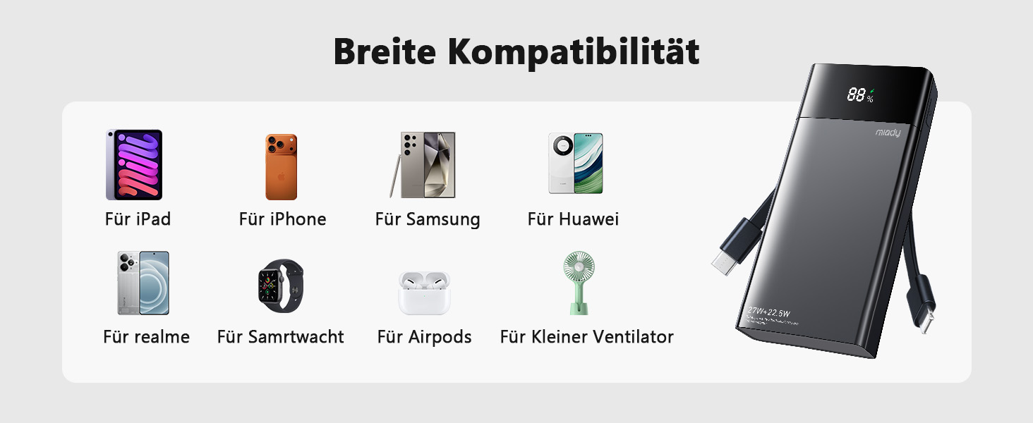 Power Bank Maidy 20000mAh з USB-C кабелем, 27W швидка зарядка, сумісний з iPhone, Galaxy, Xiaomi, iPad, Switch