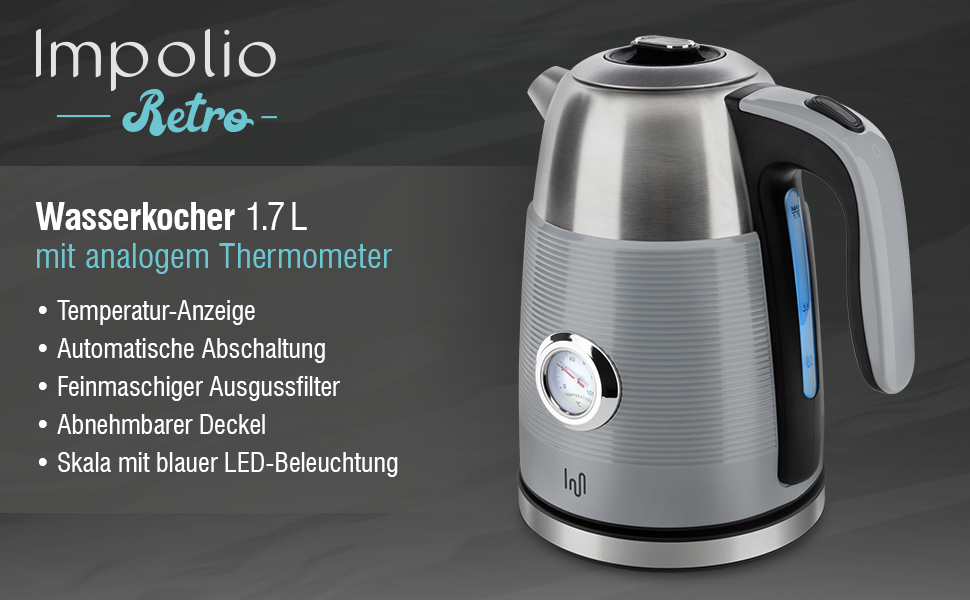 Електричний чайник з нержавіючої сталі 1.7 л з термометром, LED-підсвічуванням та автовимкненням, срібно-сірий