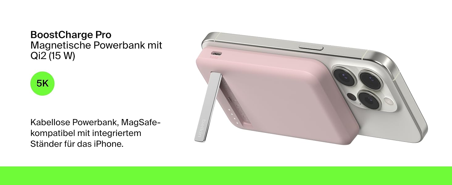 Powerbank Belkin BoostCharge Pro 10000mAh з Qi2 та MagSafe, рожевий, з інтегрованим підставкою, для iPhone 17, Air, 16, 15, 14, Pixel та інших