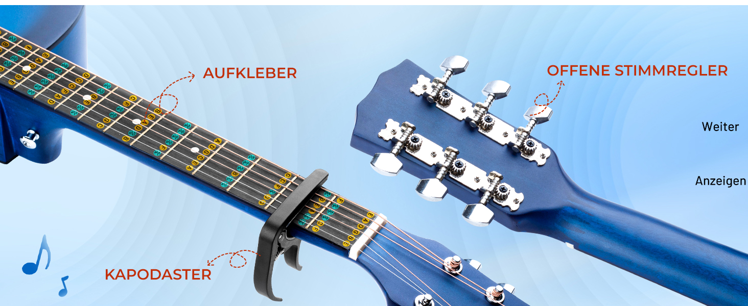 Акустична гітара CAHAYA 38 дюймів: Комплект для початківців, дітей та дорослих, з чохлом, запасними струнами, каподастром, медіаторами, наклейками на лади, синій CY0354