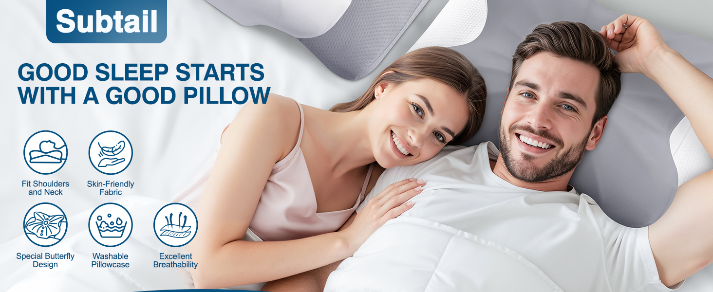 Подушка для шиї Subtail - подушка з піною з пам'яті, ергономічна подушка для сну на боці, спині та животі, сірого кольору
