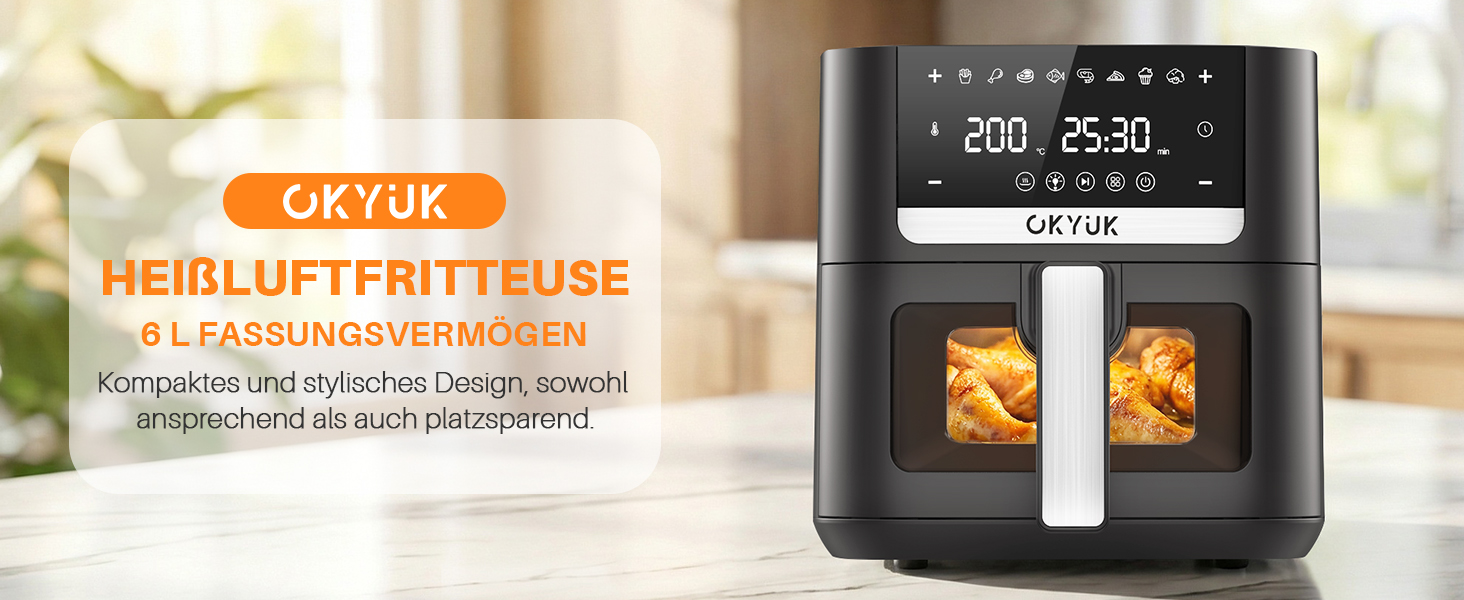 Аерофритюрниця OKYUK 6л XL 1200W з металевим внутрішнім резервуаром: безмасляна фритюрниця з 8 програмами, LED-дисплеєм, таймером