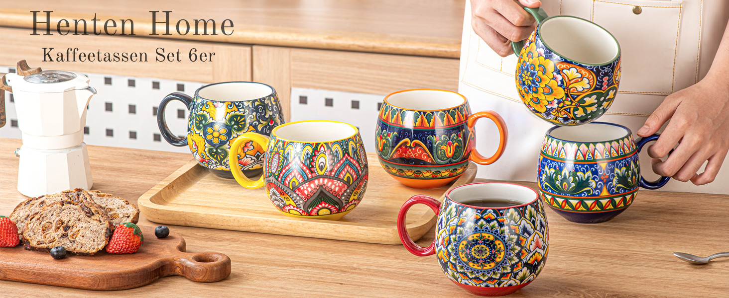 Набір чашок з порцеляни, керамічні чашки капучино/кружки - 600 мл, посуд для 6 осіб, набір чашок для кави - богемний стиль