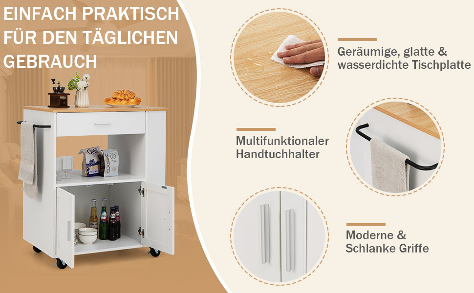 Giantex Rolling Kitchen Cart with Drop Leaf Top, Kitchen Island with Storage, Mobile Kitchen Island Wood, Kitchen Storage Cabinet Serving Cart with Drawer & 3 Shelves (White)