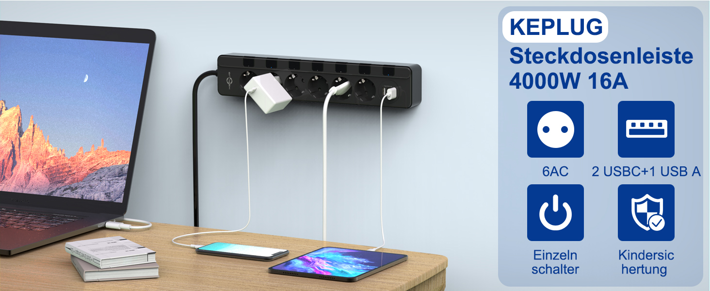 Мережевий фільтр KEPLUG з USB, 4000W, 16A, 6 розеток, 2м кабель, захист від перенапруги, дитячий захист, чорний