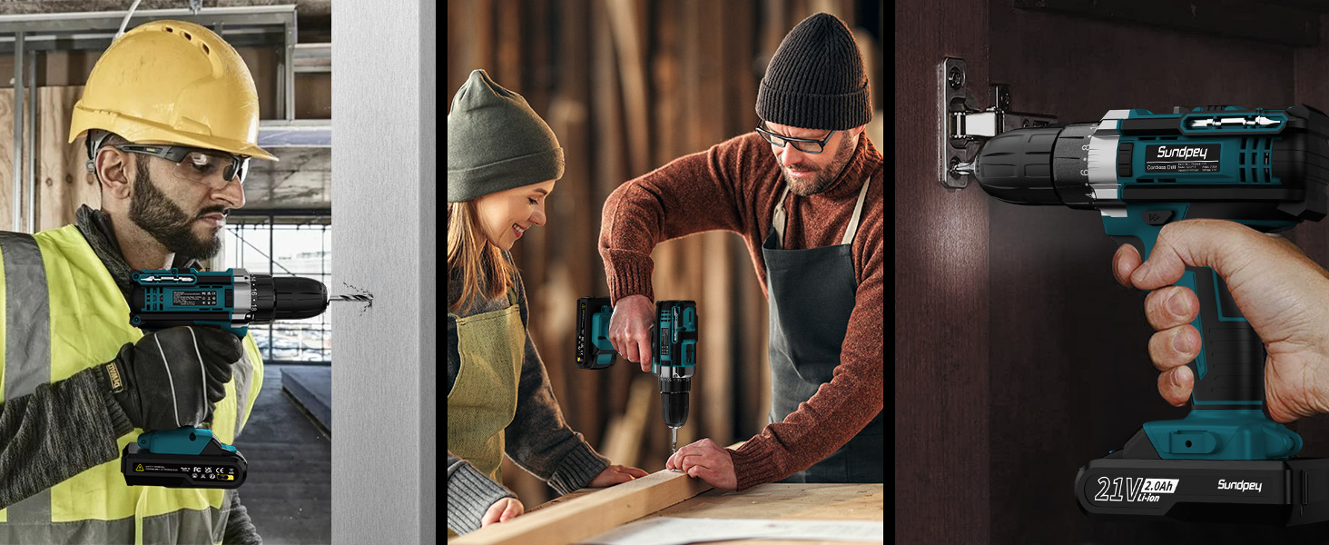 Акумуляторний шуруповерт Sundpey 21V з 2x2000mAh акумулятором, 45 Нм, 2 швидкості, 18+1 момент, патрон 10мм, набір 19шт для дому та DIY, блакитний