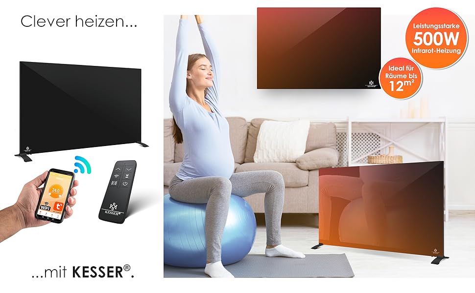 Інфрачервовий обігрівач KESSER® з функцією 2 в 1: підлоговий та настінний. Економний електрообігрівач з термостатом, датчиком відчинених вікон, пультом та керуванням через додаток (500W, чорний)
