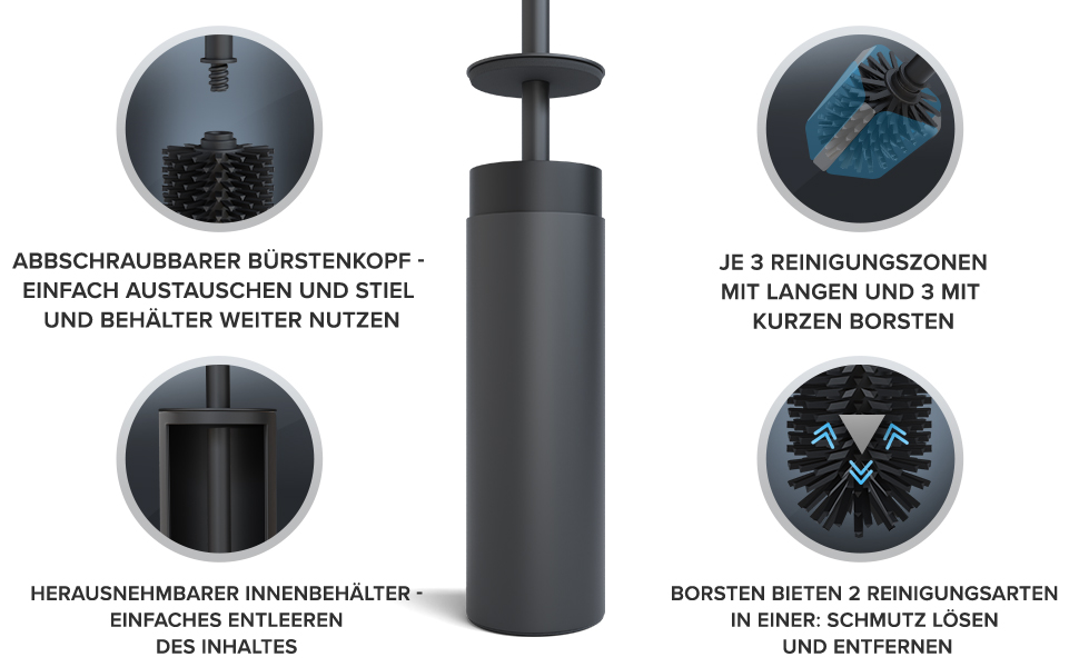 Набір для чищення унітазу Ingoy | Силіконова щітка для унітазу | Чорний | з нержавіючої сталі з кришкою | для ванної кімнати та гостьового туалету | знімний насадка | стильний дизайн