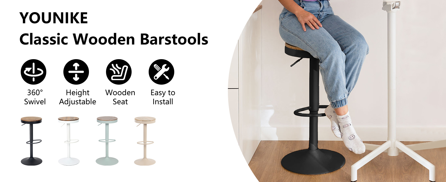 YOUNIKE Adjustable Swivel Bar Stools 2-Pack - Black Wood Kitchen Bar Stools with Footrest - Vintage Style