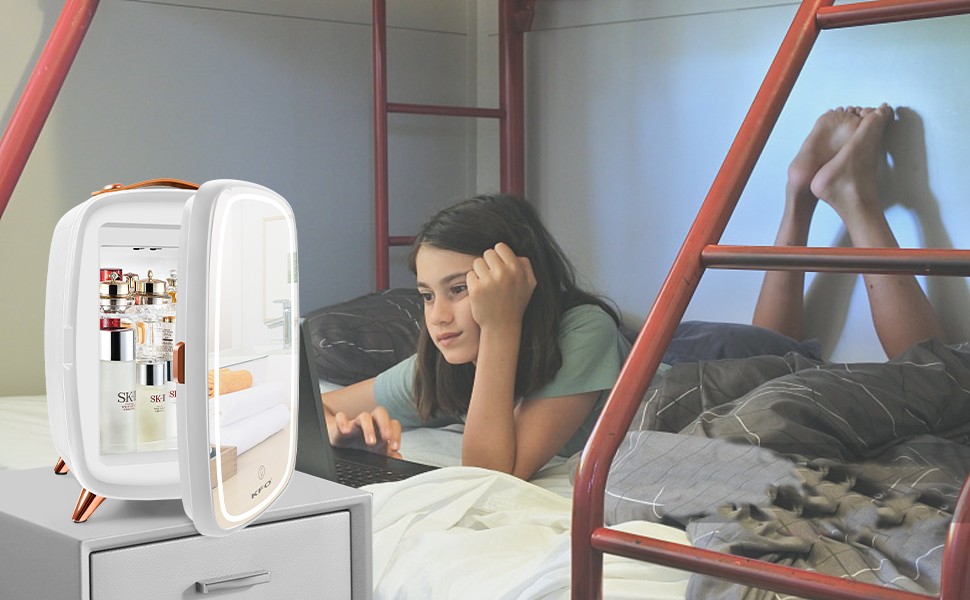 Міні-холодильник KFO Ultra-тихий (20 дБ) з LED-дзеркалом для косметики та напоїв, 220V AC/ 12V DC, термоелектричне охолодження та нагрівання, білий (6 л)