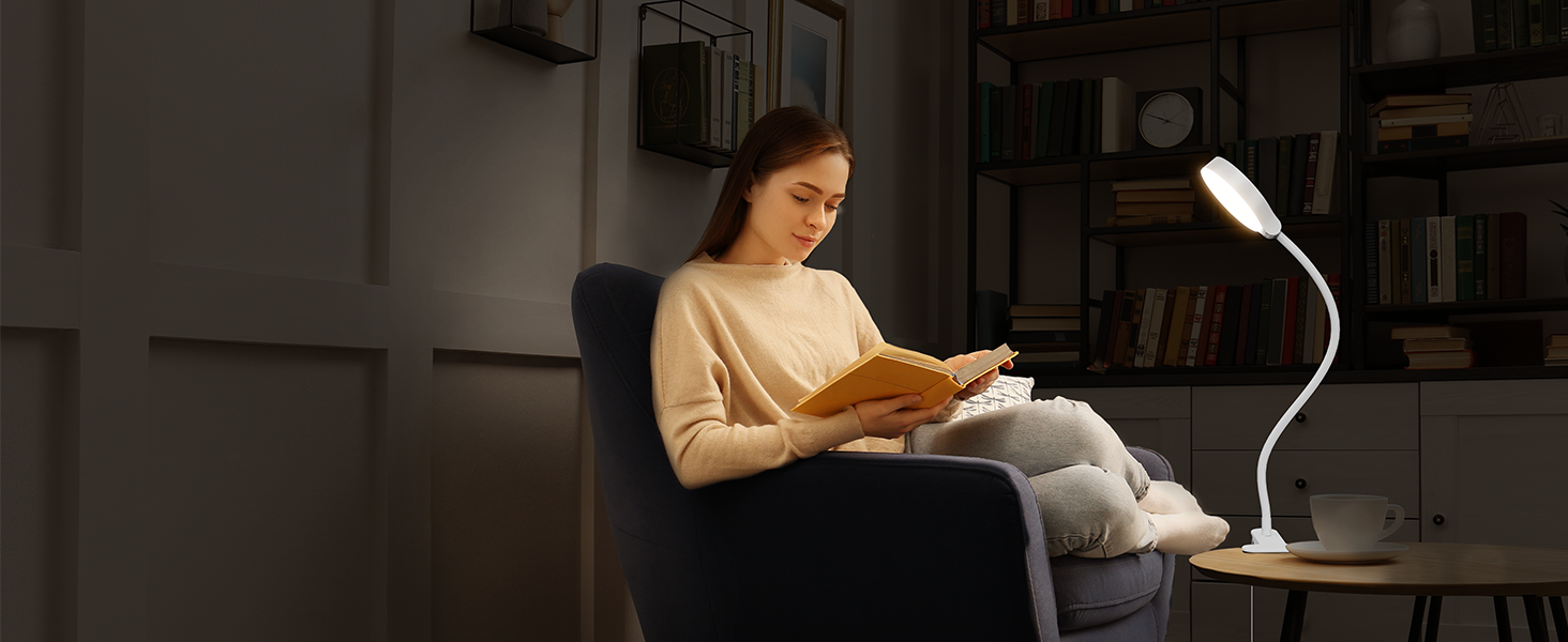 Glocusent 5W LED Лампа для читання на ліжко, кліпса, 3 кольори/5 рівнів яскравості, гнучкий тримач, CRI 90, USB зарядка (біла)