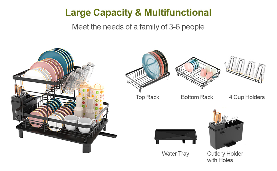 Сушарка для посуду E-MANIS з дренажною платформою, двошарова, з тримачем для столових приборів та чашок, чорна