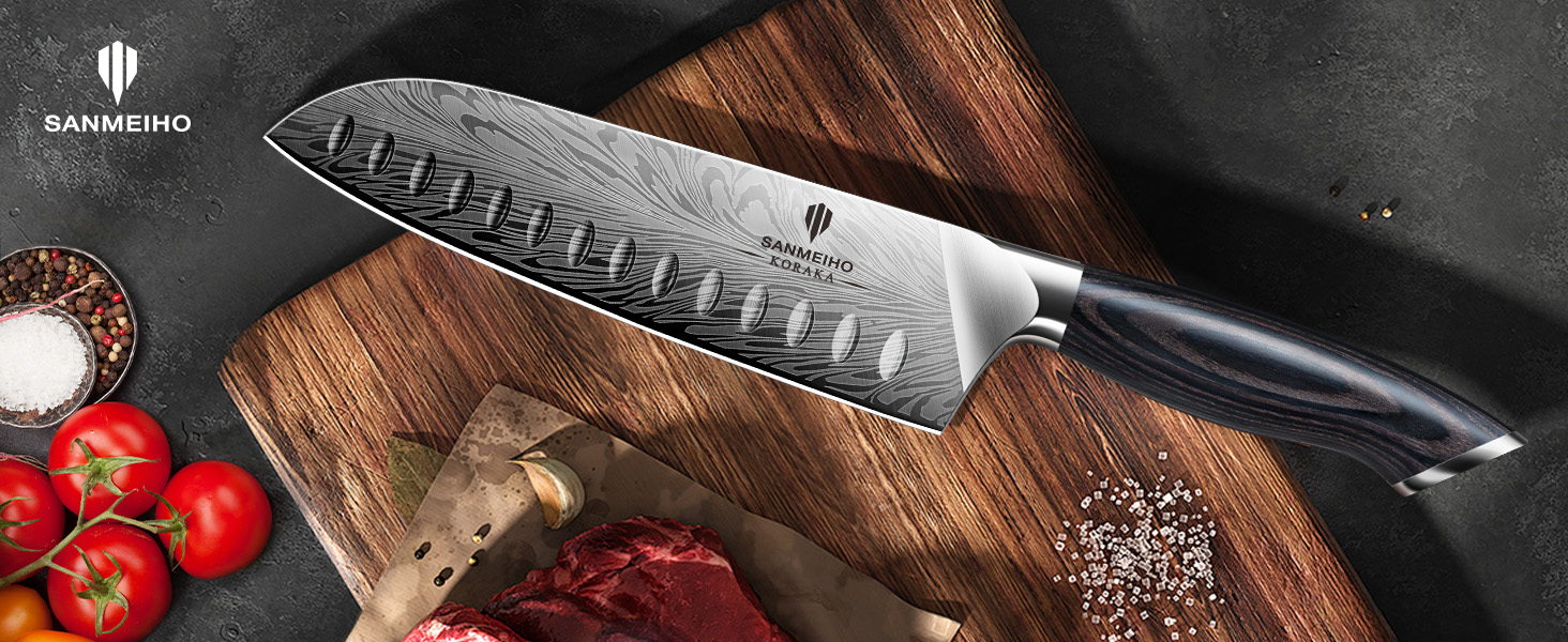 Ніж кухонний SANMEIHO Santoku 18 см з порошкової сталі, професійний шеф-ніж з пакавуд рукояттю