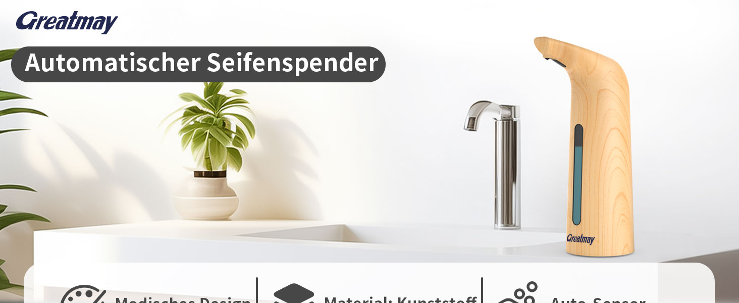 Greatmay Automatic Soap Dispenser - Touchless, Battery-Powered, 300ml/400ml Capacity, Adjustable Settings, IPX6 Waterproof for Bathroom & Kitchen