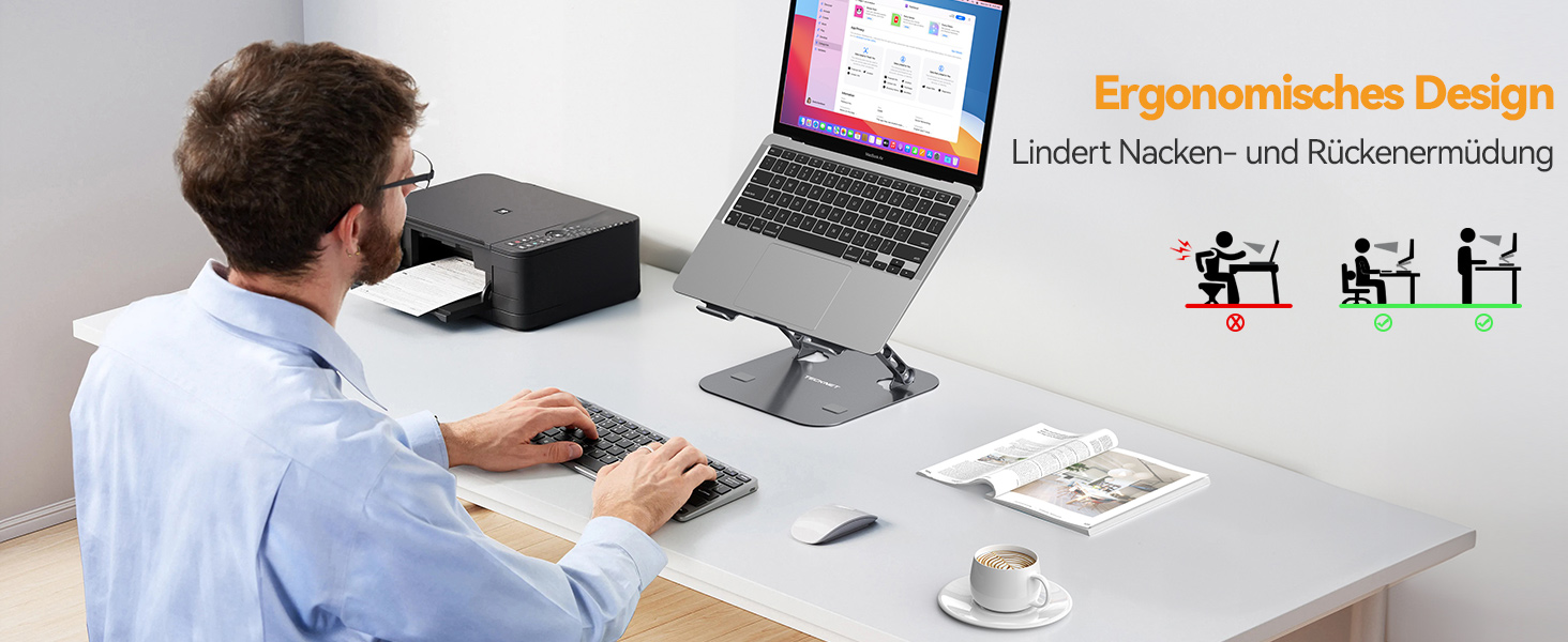 Підставка для ноутбука TECKNET регульована по висоті, ергономічна, складна, портативна з вентиляцією, сумісна з ноутбуками та планшетами 11-17.3 дюймів (сіра)