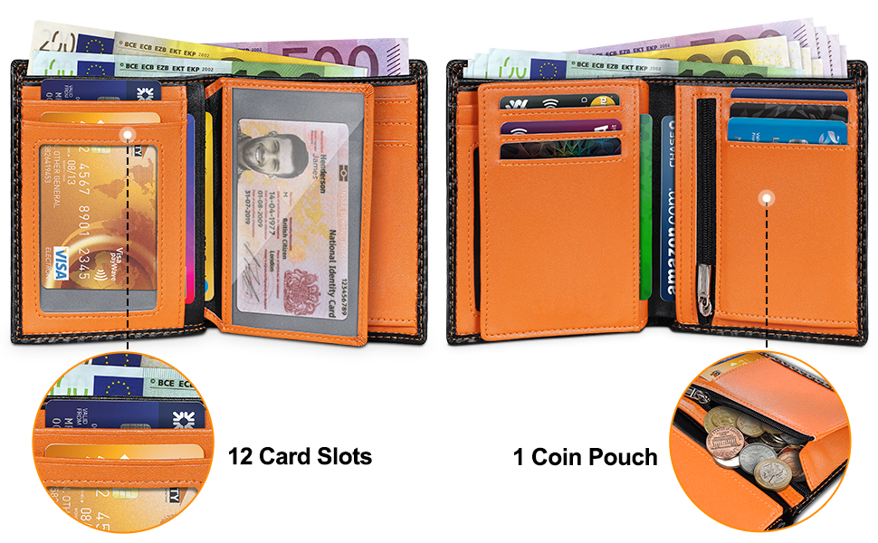 Чоловічий гаманець з карбонової шкіри з RFID-блокуванням, 13 відділень для карток, велика кишеня для монет, 2 відділення для купюр, місткий, мінімалістичний подарунок