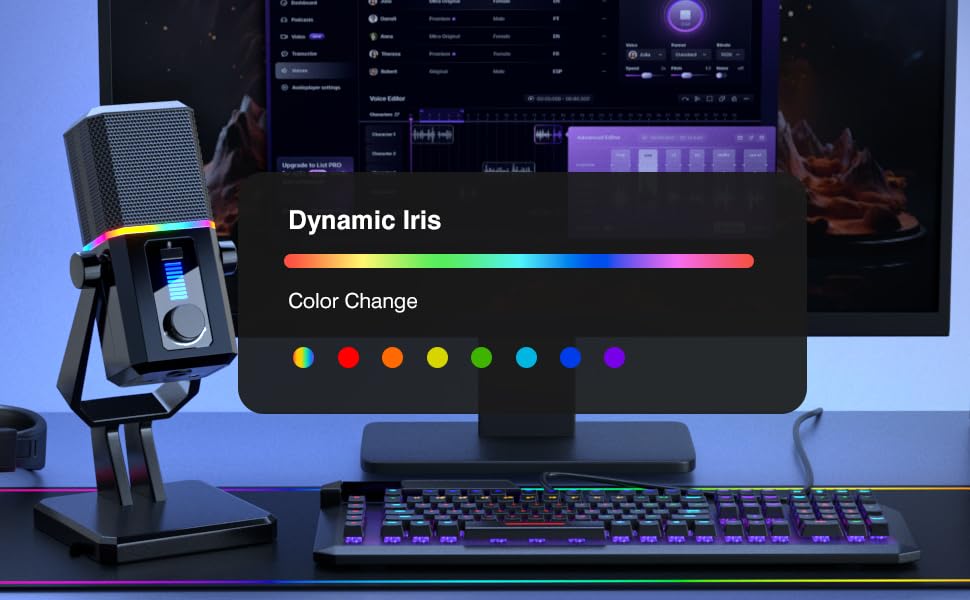 Мікрофон Facmogu HK2 для геймінгу та стрімінгу з RGB-підсвічуванням, USB, динамічний, для ПК, комп'ютера, Twitch, подкастів