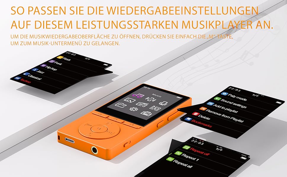 MP3 плеєр 64GB Bluetooth 5.3 з динаміком, HiFi звук, диктофон, E-book, підтримка TF карти 128GB (Помаранчевий)